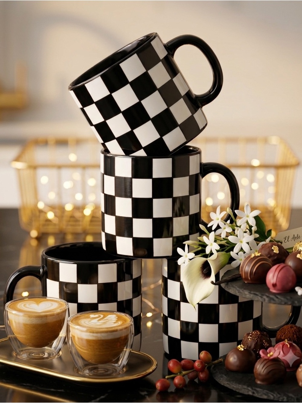 4Black & White Checkered Ceramic Mug Set - Stackable Pattern